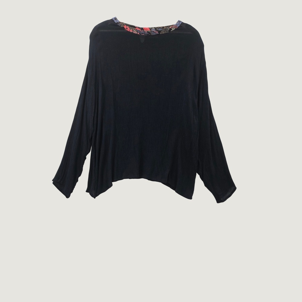Kaktus Plus Vintage Black Crinkle Gauze Blouse Floral Trim Long Sleeve Top 2X